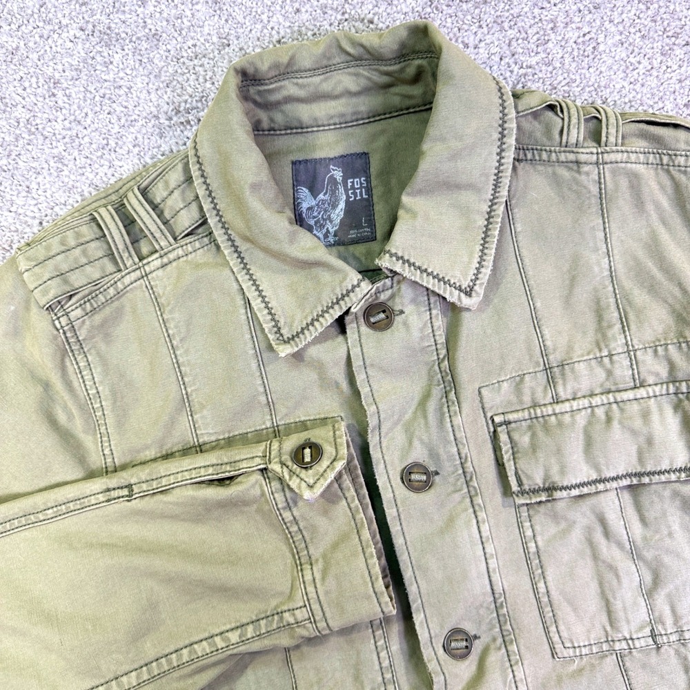 Fossil Military Jacket Mens L Green Canvas Utility Field Coat Safari Chore Work